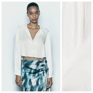 Cropped satin long sleeve blouse